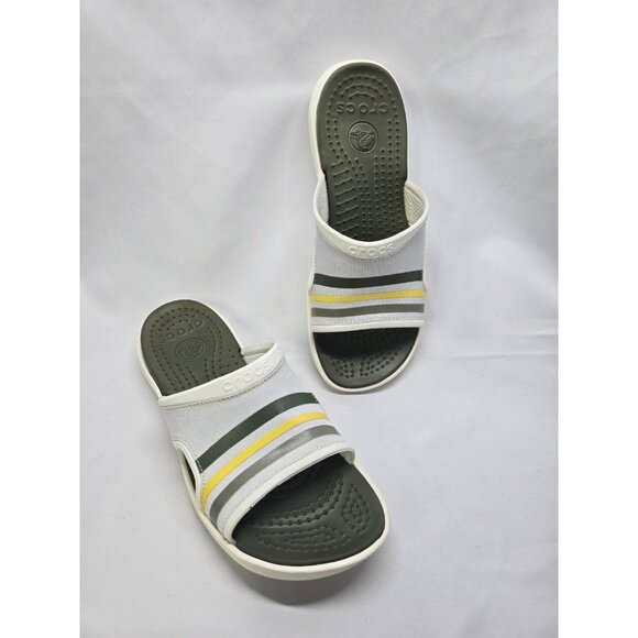 Mens Crocs Slip On Sandals Sobek 9 White/Green Stripes Canvas Slide Sandals - Picture 1 of 13